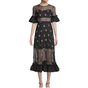 NWT HAUTE ROGUE Black Gold Star Print Sheer Panel Midi Dress Women’s